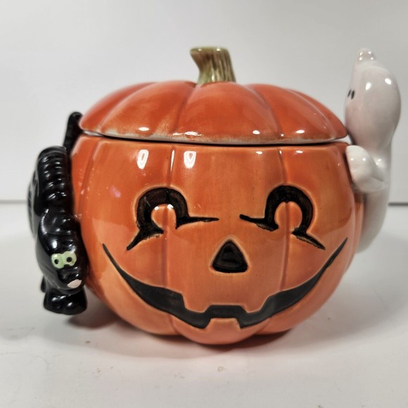 Vintage Halloween Candy Jar Fitz & Floyd 1987 Pumpkin Ghost Black Cat 7 inch - Picture 9 of 9